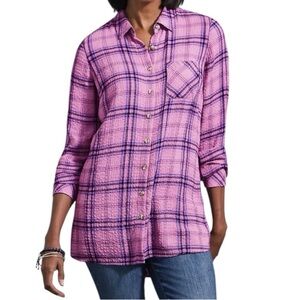 J. Jill Long Sleeve Soft Crinkled Plaid Tunic Pink/ Lilac Size XL